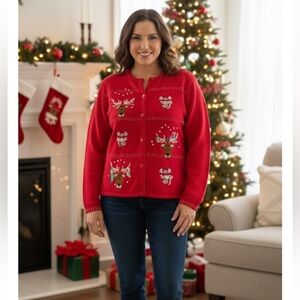 Crystal Kobe Ugly Christmas Red Reindeer Cardigan Sweater